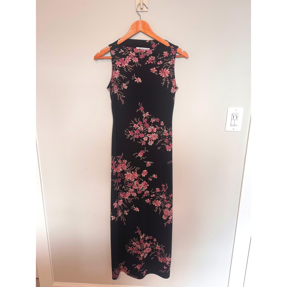 LA BELLE | Maxi Dress Women S Black Pink Floral 90s Vintage Sleeveless Column